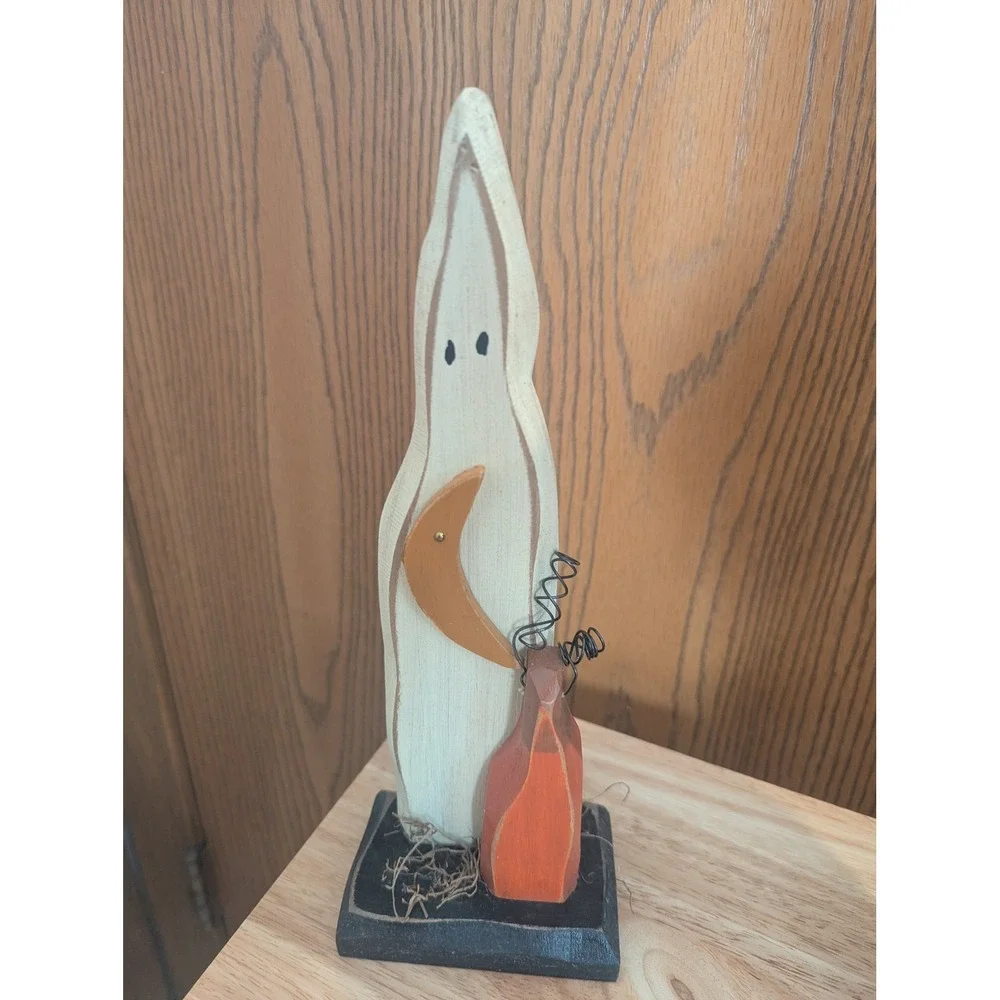 VTG Primitive Wood Ghost Figurine Halloween Folk Art Rustic Farmhouse Decor